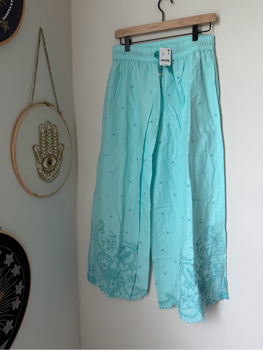 Blue Embroidered cotton pajama Pants